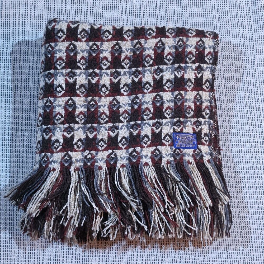 Vintage Pendleton Virgin Wool Blanket Fringed Throw Mid Century Cream Brown